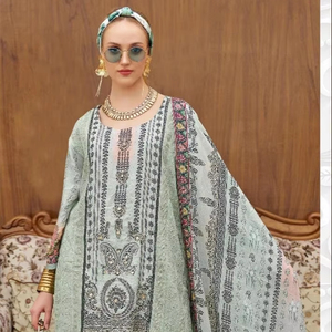 流行のシャルワール・カメエズが手で刺繍された純粋なモスリンとビスコースサントゥーンボトム & デジタルプリントデュパッタ - Product Image 1