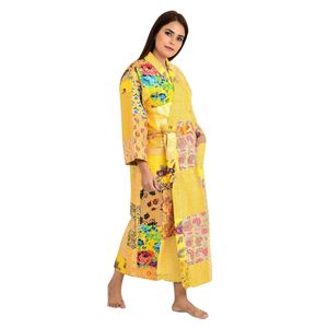 Kantha-Stich 100% Cotton Reversible Long Kimono Handmade Knit <b>Cape</b> Unisex Gift Yellow for <b>Women</b> 1 Piece Textured Stand Collar - Product Image 1