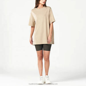 Venta al por mayor de las mujeres de alta calidad de ajuste de gran tamaño pesado algodón elastano camiseta de color sólido de hombro caído cuello liso teñido de punto logotipo - Product Image 5