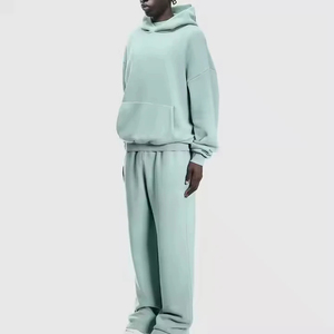 Ensemble de survêtement unisexe vert clair à capuche, manches longues, couleur unie, coupe décontractée, 100% coton, pour l'automne, avec poches latérales - Product Image 2