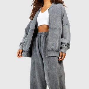 Conjuntos de 2 piezas para mujer 2025, conjunto de bombardero con cremallera de pierna recta larga lavada con ácido para mujer, Tops de algodón Vintage lavado de tendencia - Product Image 6