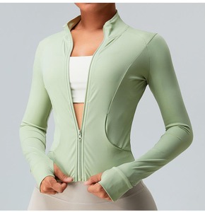 Chaqueta de gimnasio deportiva con cremallera completa de manga larga ajustada para mujer, chaqueta de chándal elástica transpirable para Yoga y correr, agujeros para el pulgar, 1 pieza - Product Image 3
