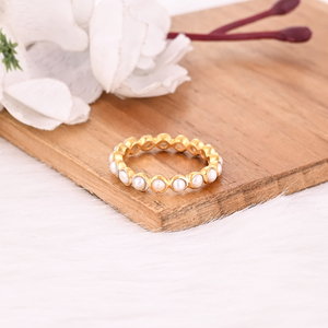 Perle blanche naturelle pierre précieuse ronde solide 925 argent Sterling jaune plaqué or bague éternité cadeau pour son cadeau d'anniversaire - Product Image 5