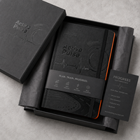 Journal de fitness personnalisé LABON A5, planificateur d'entraînement noir avec couverture en PU gaufré, bande élastique, bord orange, carnet de suivi d'entraînement