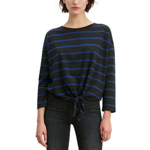 Top in cotone Levi's da donna Greta a righe con orlo annodabile, nero, taglia XL, stile Y2K, vestibilità ampia con decorazioni in pizzo per la stagione autunnale - Product Image 1