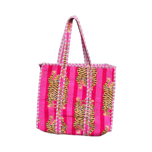 Sacs fourre-tout de style bohème imprimés à la main avec logo personnalisé de haute qualité, réversibles, en coton matelassé, écologiques, avec fermeture éclair, pour l'été - Product Image 1