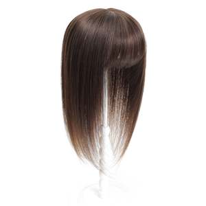 Topper de cheveux humains bouclés Remy avec frange, base mono nouée à la main, brun foncé # 2 - Product Image 1