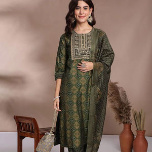 <b>women</b> ethnic Floral Embroidered Regular silk Kurta with <b>Trousers</b> & With Dupatta indian pakistan salwar kameez - Product Image 1