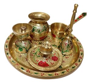 คุณภาพส่งออกทองเหลือง Pooja Thali ชุดสําหรับบ้านวัด Pooja Thali ตกแต่งทองเหลือง Pooja รายการสําหรับของขวัญสําหรับตกแต่ง - Product Image 2
