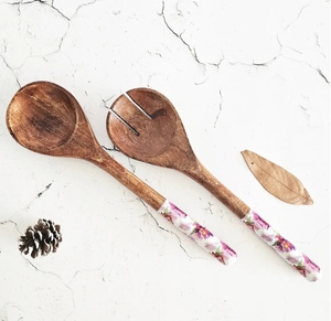 Juego de cuchara y ensaladera con estampado de esmalte de madera de mango natural hecho a mano, vajilla de diseño, producto de venta fabricado por Flatant Exports - Product Image 6