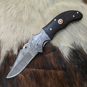 มีดพับเหล็กดามัสกัสทำด้วยมือมีดพกสำหรับตั้งแคมป์กลางแจ้งพร้อมปลอกหนัง EDC - Product Image 1