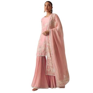 Light <b>Pink</b> Kurta Sharara Set in Chanderi Silk Luxury Bridal Ethnic Festive and <b>Wedding</b> Party Wear Womens Outfit - Product Image 2