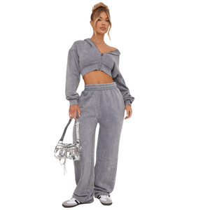 Top corto lavado ácido chándales para fabricación personalizada de mujeres en calidad superior 100% algodón sudaderas con capucha chándal - Product Image 3