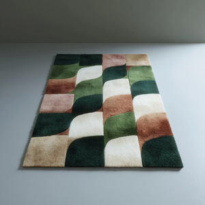 Hand-Tufted Geometric Wool Area Rug | Green Rust Wavy Checkerboard Pattern Modern Living Room <b>Carpet</b> High Quality - Product Image 2