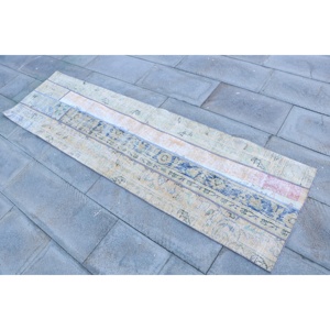 Alfombra Turca Vintage de 2x7.3 pies, Alfombra de Lana a Rayas Azules y Blancas - Product Image 2