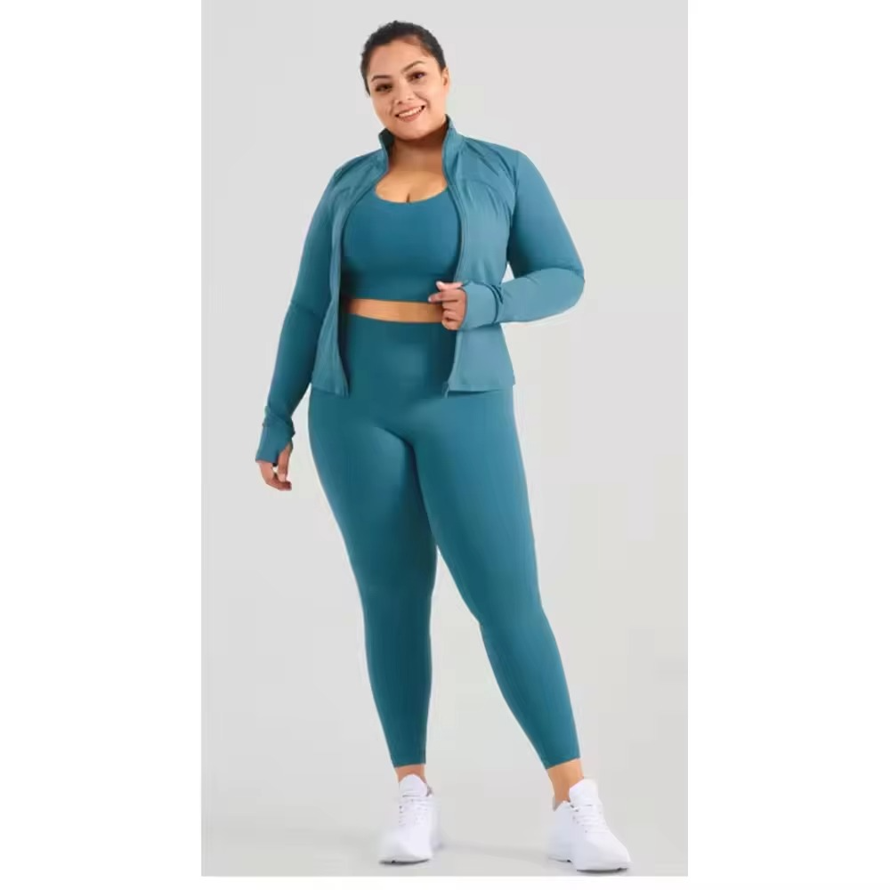 Plus Size Long Sleeve Jacket for Women Gym Fitness Set Sport Active Wear Big Size Two Piece Leggings Yoga Outfit Training Wear