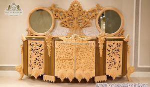 Mesa Consola de Madera de Teca con Acabado Brillante y Espejo, Mesa Consola Tallada a Mano para Comedor, Estilo Barroco Francés, Mesa Tallada a Mano, Canadá - Product Image 2