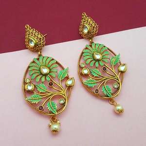 Nikita Arts Gold Plated Copper Matte Dangle <b>Earrings</b> <b>Green</b> Meenakari Stone-1313121C - Product Image 1