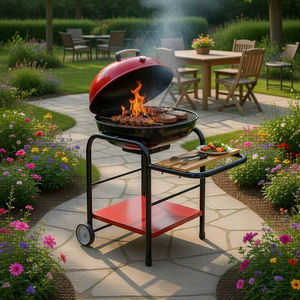 Dorello Red Charcoal <b>BBQ</b> Grill with Lid, Side <b>Table</b>, and Wheels, Outdoor Patio Garden Barbecue Grill - Product Image 1