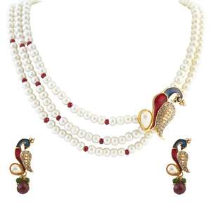 Apurva ชุดจี้หินและไข่มุกจากออสเตรียสีแดง1200131และนกยูงดีไซน์เครื่องประดับที่หรูหรา - Product Image 1