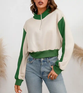 Sudaderas con capucha recortadas de mujer con cremallera de cuello alto y bloque de color en blanco personalizado - Product Image 2