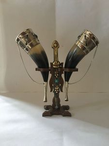 Buffalo and Ox Drinking Horn Viking <b>Mug</b> Natural Horn with Metal Detailing and Stand for Sale Ideal for Gifts and Collectors - Product Image 2