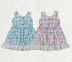 ชุดเดรสเด็กผู้หญิงแขนกุดลายตารางผูกโบว์ระบายยาวถึงเข่า - Product Image 1