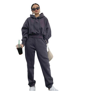 Vente en gros 100% coton survêtements à capuche décontractés d'automne 2 pièces avec poches latérales à taille élastique pour femmes - Product Image 1