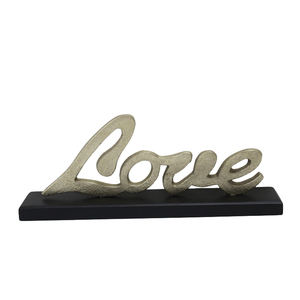 Aluminium Decorative LOVE Sculpture with Rectangle <b>Wooden</b> Base Rough Brass Gold <b>Colour</b> Showpiece Tabletop Home & Office Decor - Product Image 1