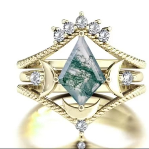 Antique Art Deco Moss Agate 925 <b>Silver</b> Wedding <b>Ring</b> <b>Set</b> Vintage Moon Design Prong Setting Engagement <b>Ring</b> Classic Bridal Jewelry - Product Image 1