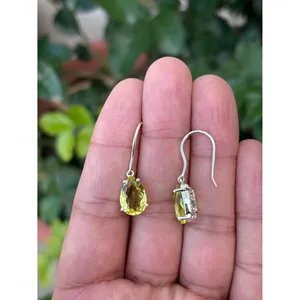 925 <b>Silver</b> Lemon Quartz Drop <b>Earrings</b> Gold Plated <b>Dangle</b> Design Cute Religious Style for Gift with Zircon Ruby Diamond Pearl - Product Image 2