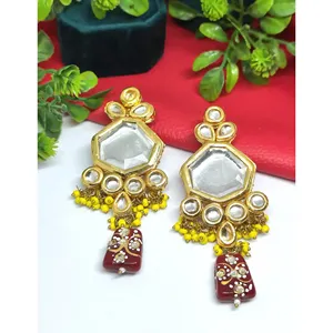 Kundan Meenakari <b>Earrings</b> Gold-Plated Drop Fashion Jewelry <b>Studded</b> with Intricate Design - Product Image 1