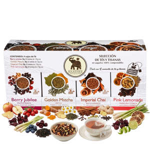 Haathee Confezione da 4 Tè Gourmet, 80 Bustine da 135 g, Gusti: Chai Imperiale, Frutti Rossi, Limonata Rosa e Matcha Dorato - Product Image 1