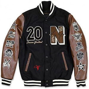 2025 última fábrica de chaquetas universitarias de béisbol personalizadas para hombres, manga de cuero empalmada, bolsillos bordados con letras, chaqueta con letras marrones - Product Image 4