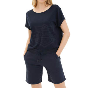Ensemble décontracté pour femme : T-shirt en coton et short à séchage rapide, tissu respirant, design personnalisable – Motif uni, taille à cordon de serrage - Product Image 1