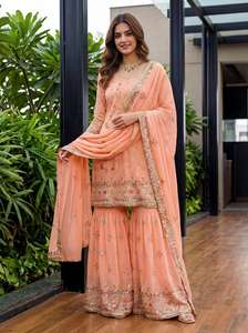 ชุดชาราราผ้าจอร์เจตต์เทียมแบบดั้งเดิมของอินเดีย พร้อมงานปักด้วยด้าย ซีเควนซ์ และงานปักด้วยด้ายซารี พร้อมผ้าคลุมไหล่ดีไซน์เนอร์ - Product Image 5