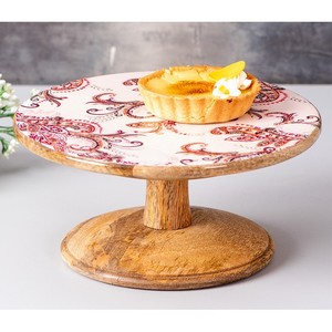 Support à gâteau rond en bois avec émail, imprimé floral, support de présentation de desserts, support de service fait à la main pour la table de cuisine et la décoration de la maison - Product Image 2