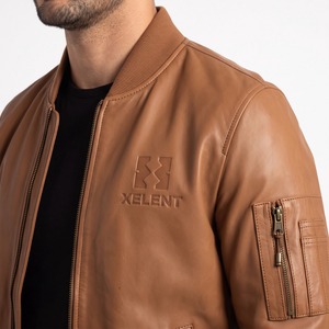 Chaqueta de Cuero Tipo Bomber para Hombre, Corte Ajustado, Cuello de Piel de Cordero, Forro Acolchado, Chaqueta de Aviador de Cuero Genuino, Logotipo Personalizado OEM - Product Image 4