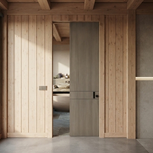 Puerta Interior Moderna Asimétrica de MDF Ranurado con Acabado Resistente al Agua en Grano de Madera Gris Claro para Sala de Estar - Product Image 5