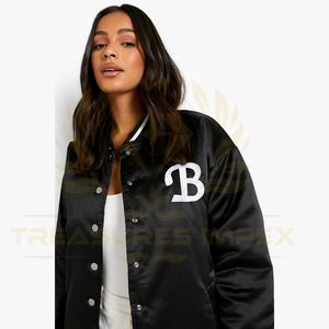 Blousons aviateur en satin avec broderie pour femmes vestes à manches longues style baseball universitaire avec logo - Product Image 2