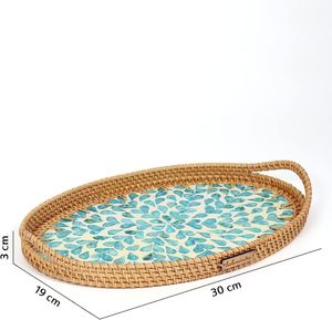 Bandeja de almacenamiento de pan de fruta ovalada hecha a mano, cesta de mimbre tejida para servir incrustaciones, bandeja de ratán madre perla de nácar por HF CRAFTS - Product Image 1