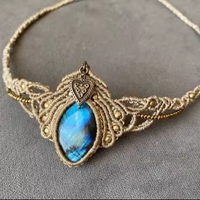 Collier Statement Populaire en Macramé avec Onyx Noir Naturel de 20 à 25 mm, Coupe Baguette Conique, Style Bohème Tendance, Unisexe, Cadeau d'Anniversaire
