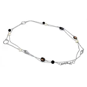 Collar de Cadena de Plata 925 para Mujer con Cuentas Negras y de Perla, Joyería Fina con Cuentas - Product Image 1