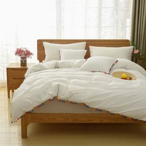 Modern <b>White</b> 100% Cotton Duvet Cover Set 2 Matching Pillow Cases Stonewashed Natural Quilt Cover <b>Pom</b> <b>Pom</b>-Size Twin for Hotels - Product Image 2