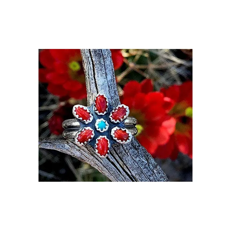 Turquoise & Coral Exclusive 925 Solid Sterling Silver Natural Gemstone Ring Statement jewelry