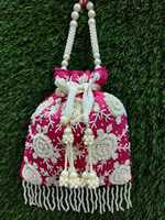Tas Mini Potli Wanita Desainer Bordir Mutiara Multi-Warna Lapisan Satin Sutra Mentah Berkualitas Tinggi Penutup Tali Serut Pesta Pernikahan
