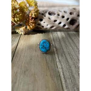 Navajo Handmade <b>Statement</b> <b>Ring</b> Kingman Turquoise Sterling <b>Silver</b> Size 9 Everyday Wear Gemstone <b>Ring</b> Natural Stone Inlay Setting - Product Image 1