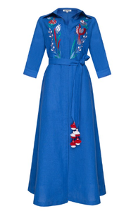 Robe de créateur Boho en coton avec broderie florale longueur mollet, manches trois-quarts - Product Image 5