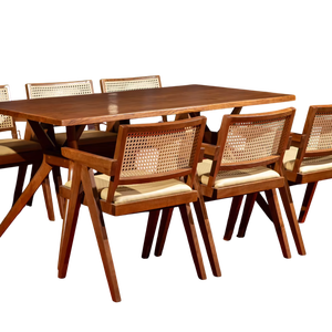 Hiện đại tro gỗ Bảng với Pierre ghế Walnut da đệm ghế & mây trở lại cho nhà khách sạn hoặc biệt thự ăn uống - Product Image 1
