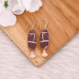 Joyería de latón hecha a mano, Pendientes colgantes de piedras preciosas de jaspe Malinga chapados en oro rosa para mujer, pendientes de moda, joyería de latón - Product Image 2